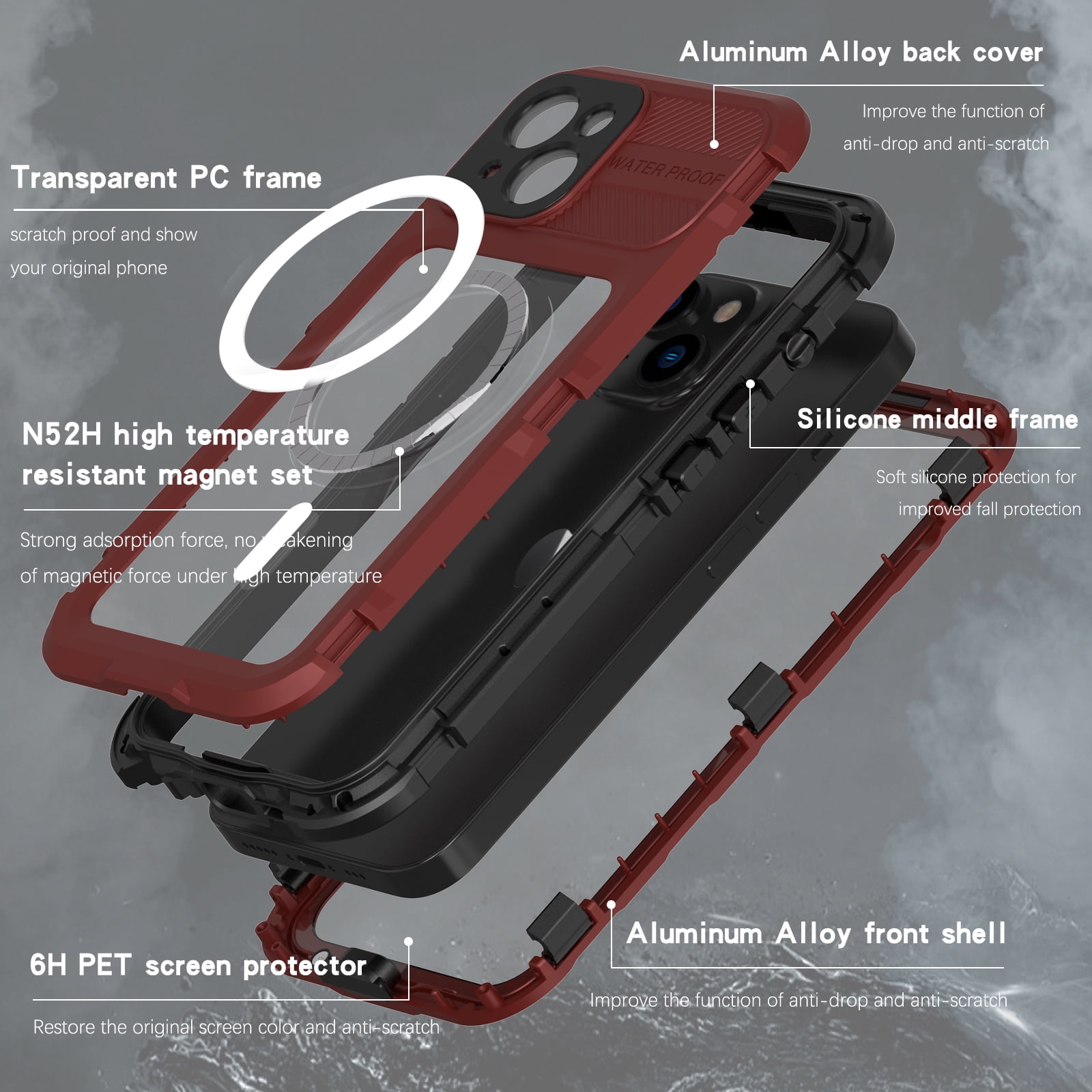 Compatible with Waterproof iPhone 15 case, Built-in Screen Protector, Full-Body Rugged Case Cover, Shockproof Dustproof Waterproof Case for iPhone 15 Magnetic Case with Magnets for MagSafe,Red
