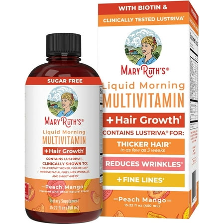 MaryRuth Organics Liquid Multivitamin + Hair Growth, Biotin 10000mcg, Lustriva Hair Growth Supplement, Clinically Tested, 15 fl oz
