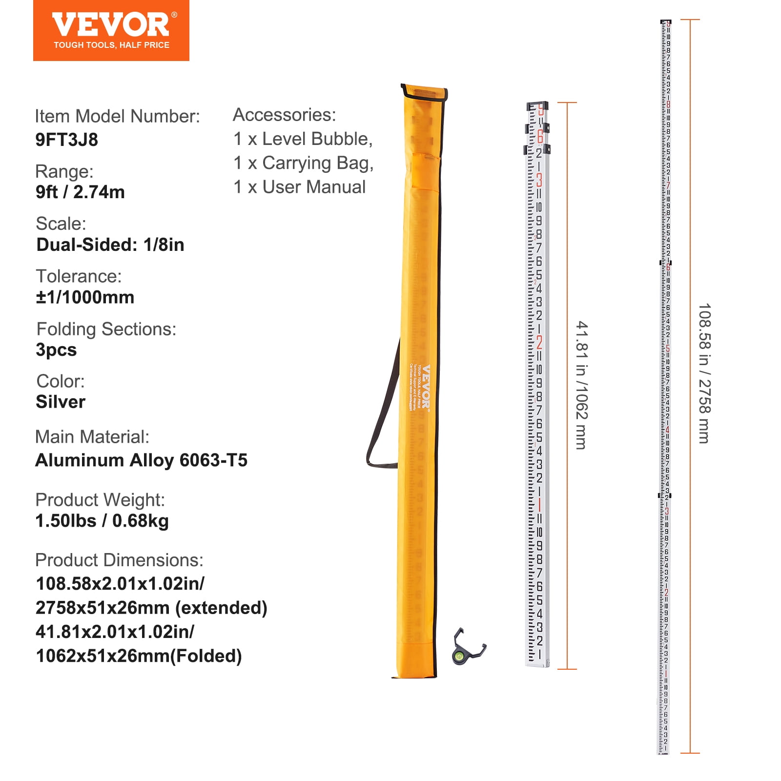 VEVOR Aluminum Grade Rod,9-Feet/8ths 3 Sections Telescopic Measuring Rod,Double-Sided Scale 1/8in Leveling Rod Stick,Aluminum Alloy Survey Rod with Bubble Level &Carrying Bag for Houses,Walls,Floors