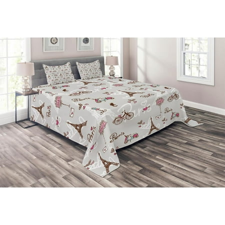 Paris Coverlet Set Pattern With Vespa Bikes Mannequin Eiffel Tower Hearts Doodle Style Design Decorative Quilted Bedspread Set With Pillow Shams