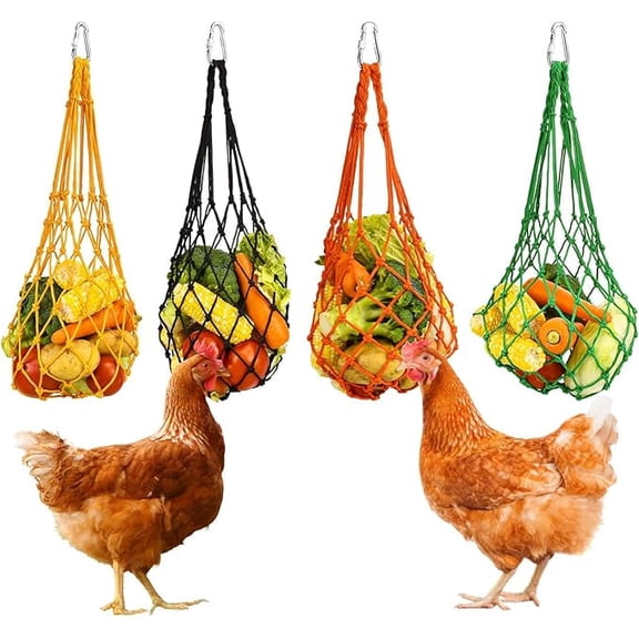 4Pcs Chicken Vegetable String Bag Poultry Fruit Holder Chicken Cabbage Feeder Treat Feeding Tool with Hook for Hens Chicken Coop Toy for Hen Goose Duck