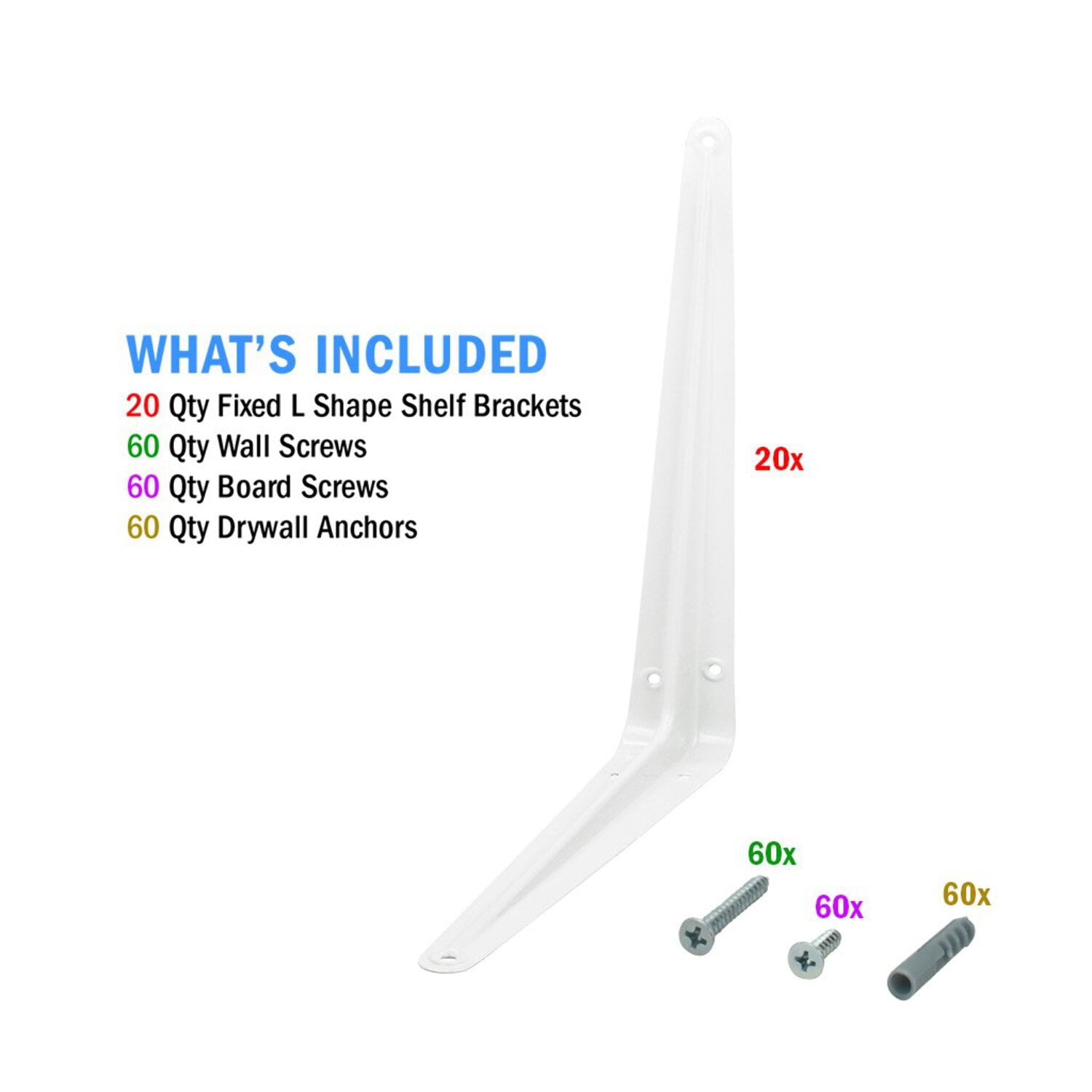 Nuk3y 8" x 10" L Shape Heavy Duty Shelf Bracket with Screws, 20 Pack