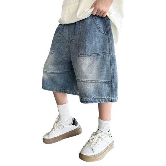 Coerni Short en Jean pour Garçon Taille Élastique Jambe Grand Short en Denim Décontracté Cool Cargo Jorts Enfants Coupe Ample Longueur Genou Mode Urbaine Tendance