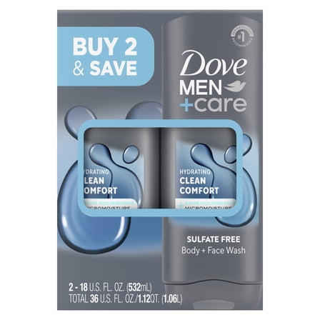 Dove Men Care Body and Face Wash for Men Hydrating Clean Comfort with 24 Hour Nourishing Micromoisture Technology, 18 oz 2 pack