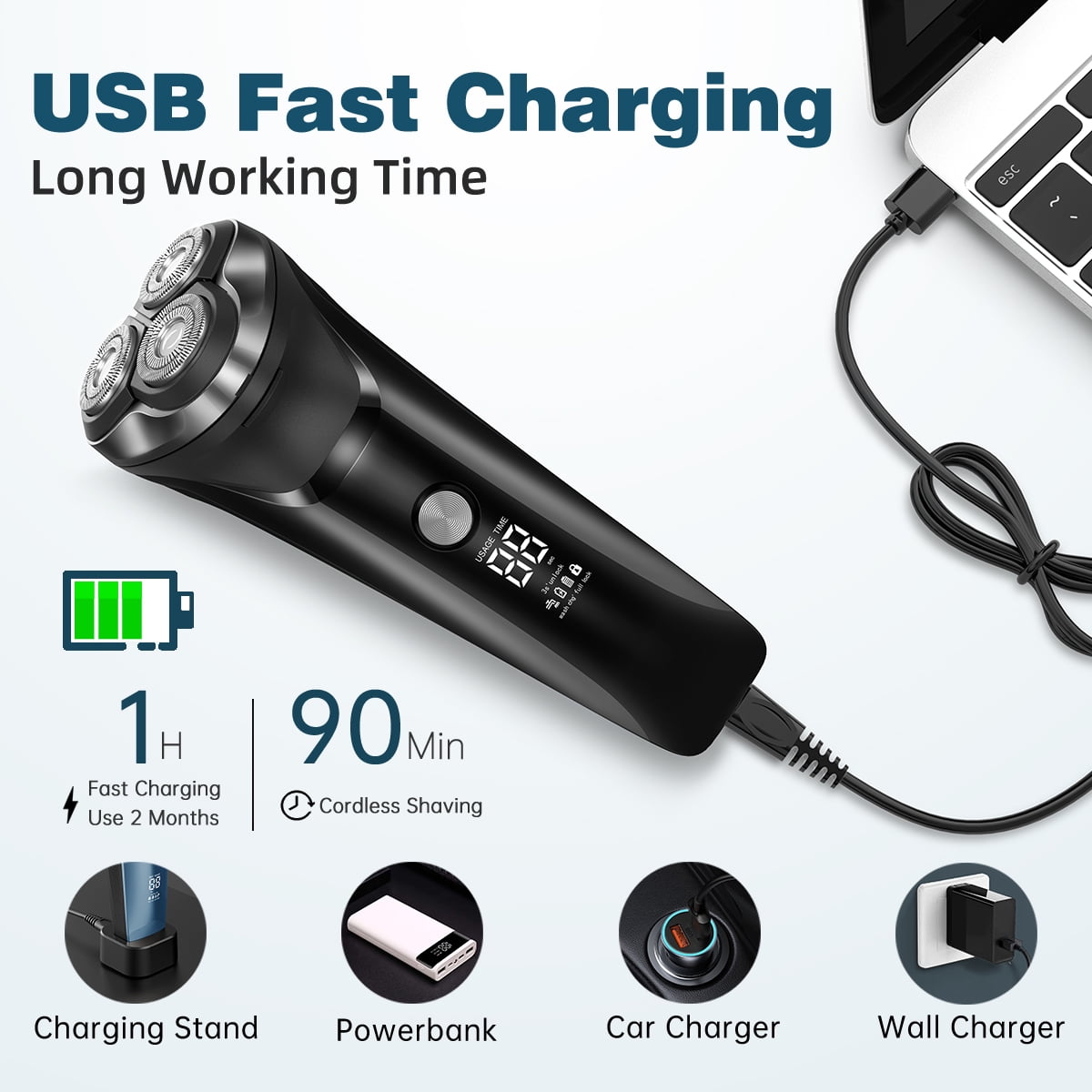4D Electric Shaver for Men, IPX7 Waterproof Electric Razor Dry Wet Rotary Face Shaver Rechargeable Cordless Travel Beard Trimmer w/ LED Display & Charging Stand & Pop Up Trimmer for Dad Husband