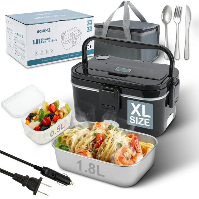 SOHIDA 1.8L+0.5L Heated Lunch Box for Men, 80W Electric Lunch Box with Long-Handled Utensils for Adults, 12V/24V/110V Lonchera Eléctrica Portátil, Portable Food Warmer for Car/Truck/Office (Blac
