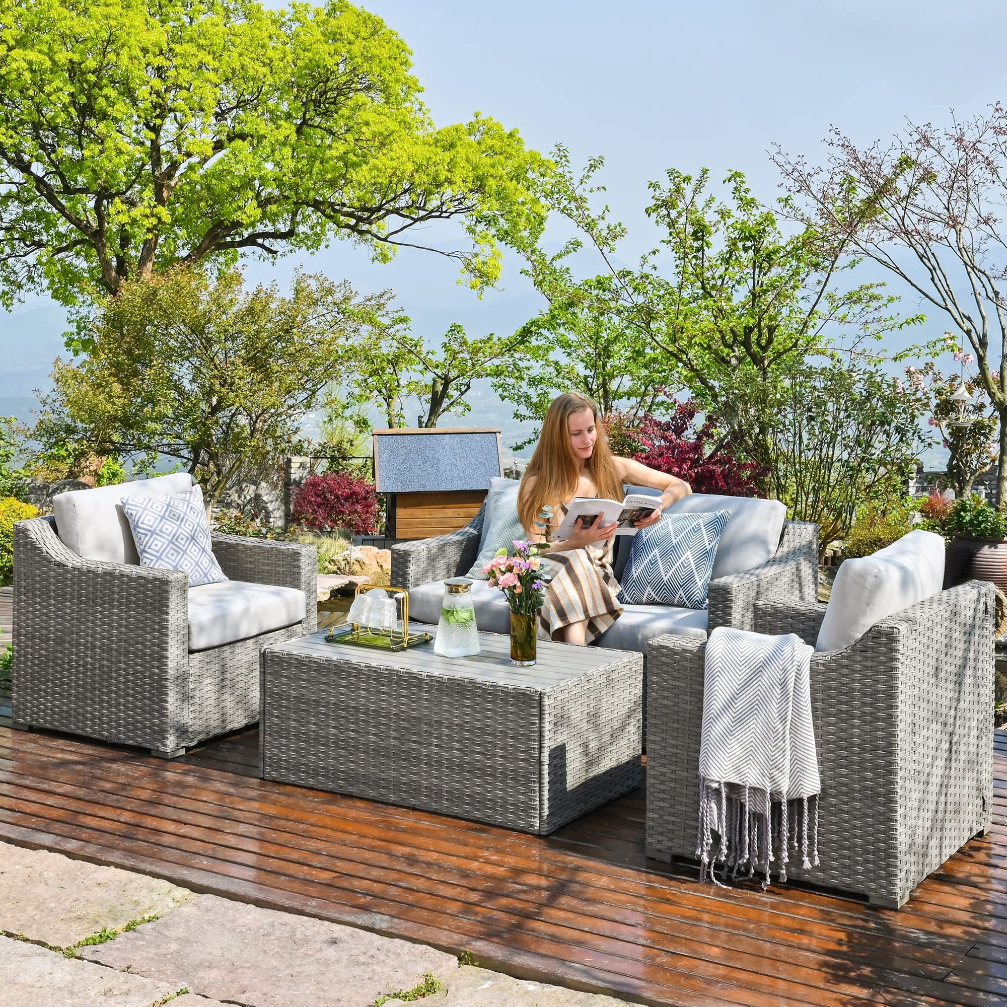 Outdoor Sectional Sofa Patio Conversation Set, Wicker Outdoor Furniture Loveseat with Coffee Table All Weather Cushioned Seating for Backyard Porch Deck (Gray/Beige)