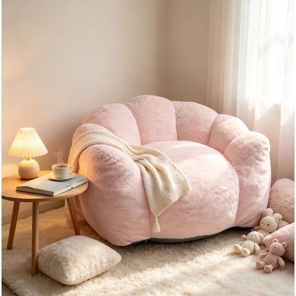 Baby Pink Faux Rabbit Fur Soft Large Petal Floor Lounge Chair for Living Room Bedroom Game Room
