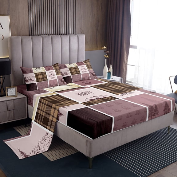 Erosebridal Animal Deer Bed Sheets King,Happy Camping Bedding King Size,Geometric Buffalo Decor,Super Cozy,4pcs
