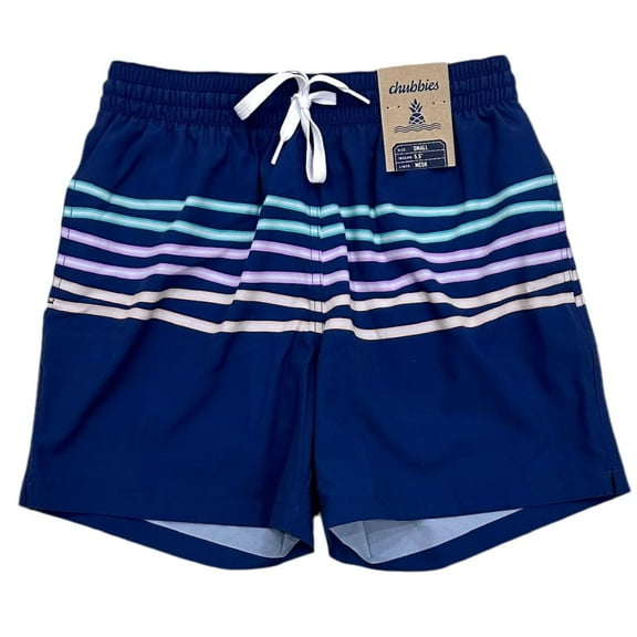 Chubbies Men's Classic Swim Trunks 5.5" The Moon Shadows Mesh Lined Boardshorts (Small, Navy Neon Stripe)