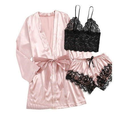 

YIWEI Pajamas Sets Sexy Satin 3 Piece Sleepwear Camisole Shorts Nightwear with Belt Pink M