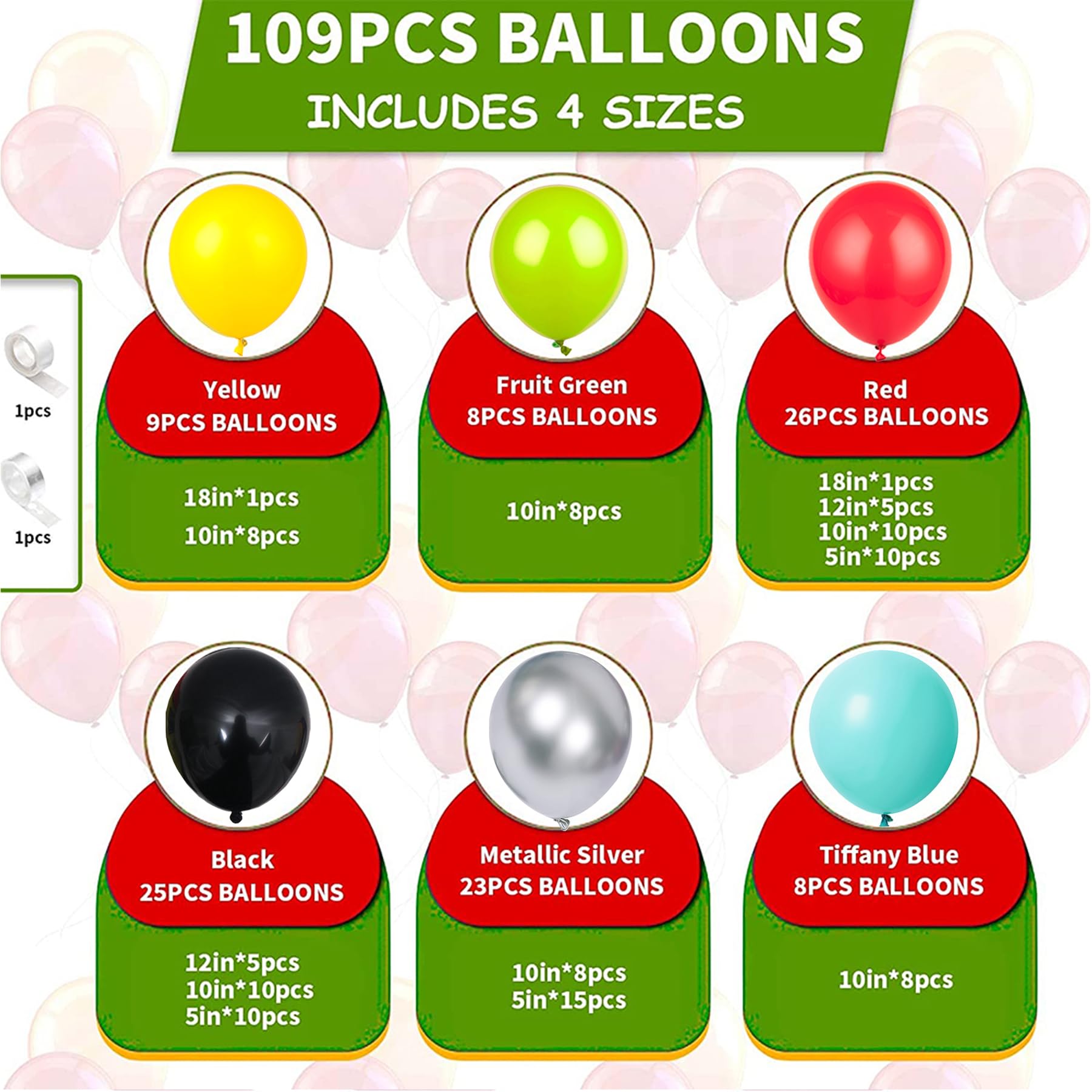 Black Red Yellow Balloon Arch Kit KKS1&nbsp;- Yellow Fruit Green Red Black Blue Balloons and Metallic Silver Balloons for Baby Shower Birthday Wedding Party Decoration