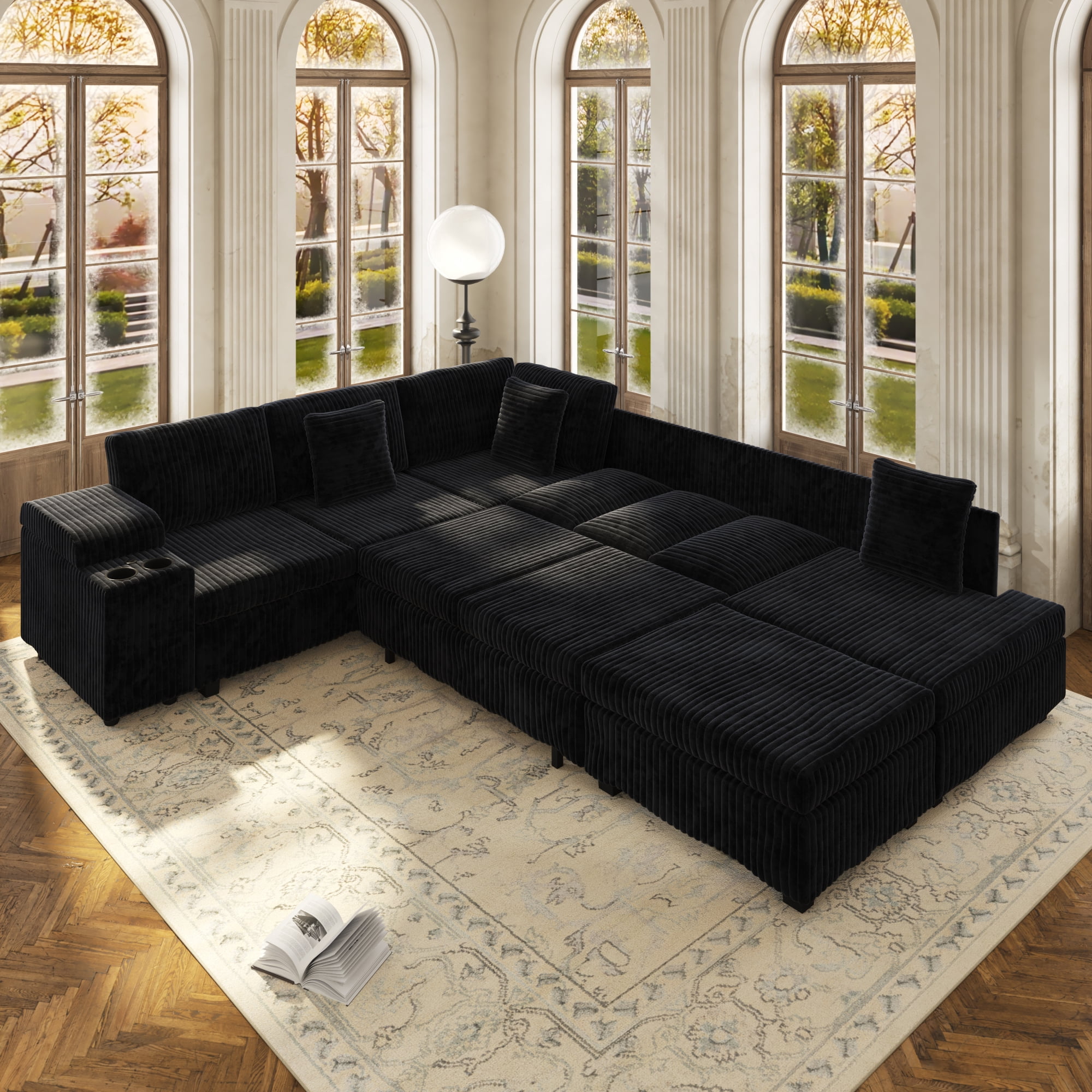 110.2" L-Shaped Sectional Sofa with Removable Ottoman, Covertible Sleeper Sofa with Hidden Armrest Storage, USB Ports & Cup Holders, Plush Corduroy Convertible Couch for Living Room, Apartment