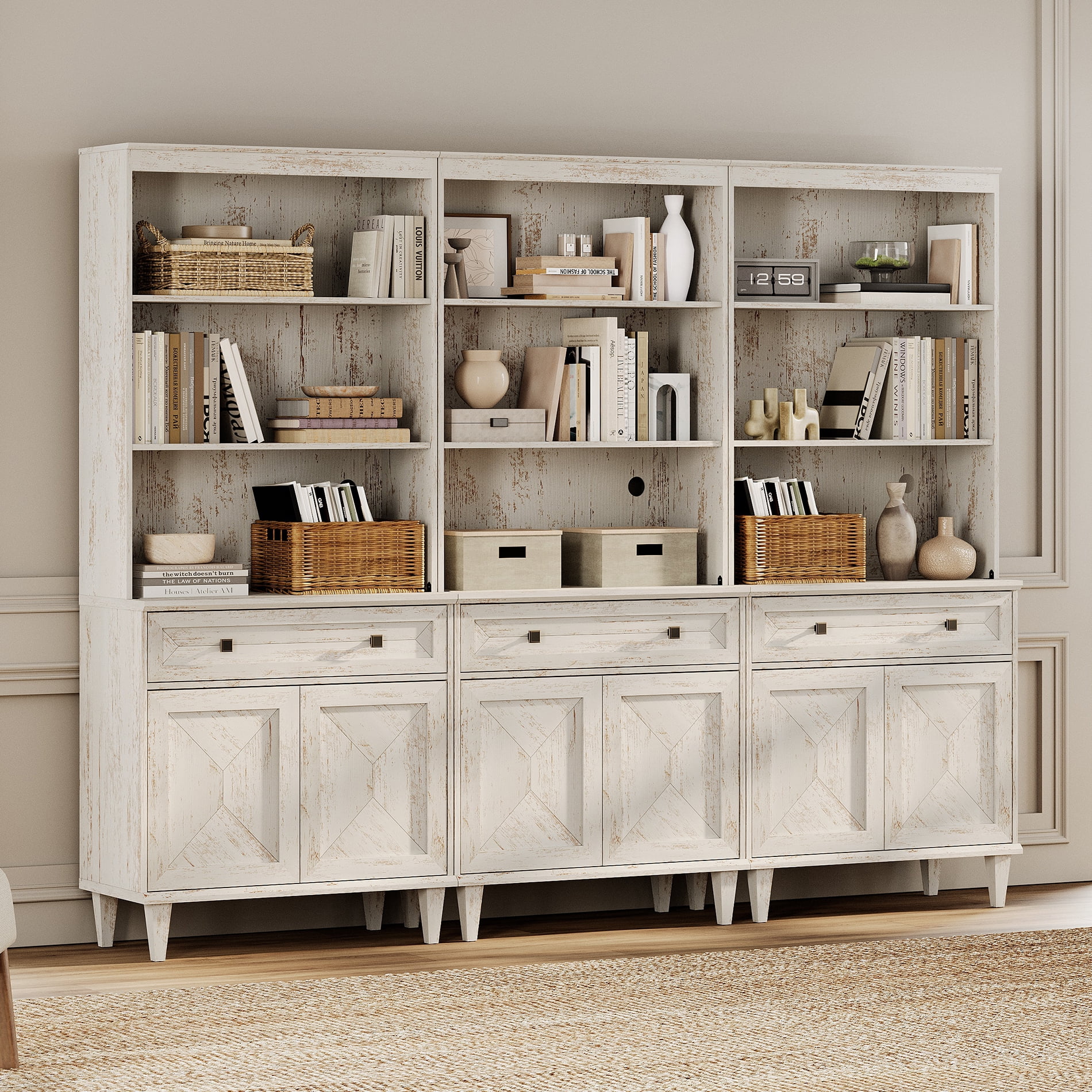 WAMPAT Handmade Patchwork 94.5" Wide Tall Bookshelf with Cabinets, White