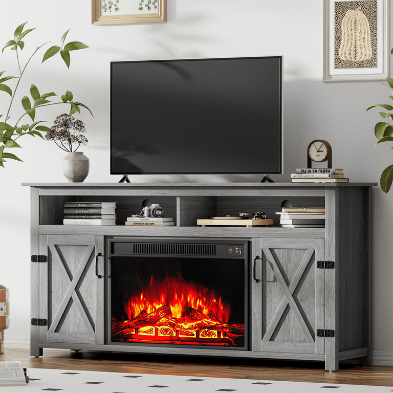 Gray tv stand fireplace discount