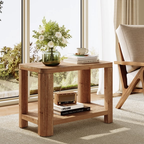 Finmind Solid Wood End Table, Farmhouse 2-Tier Side Table, Rectangle Bedside Nightstand for Bedroom & Living Room, Brown (1PC)