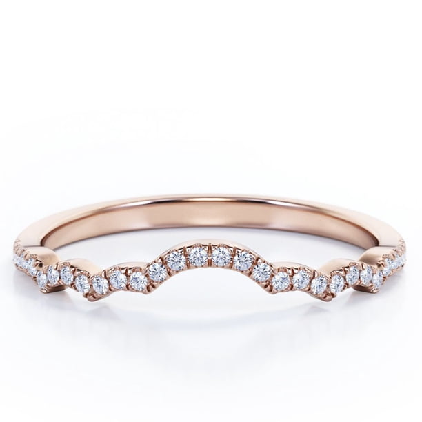 JeenMata Alianza de Boda Curvada con Forma de Nube de Diamantes de Talla Redonda de 0,15 TCW y Pavé Festoneado en Oro Rosa de 10 K
