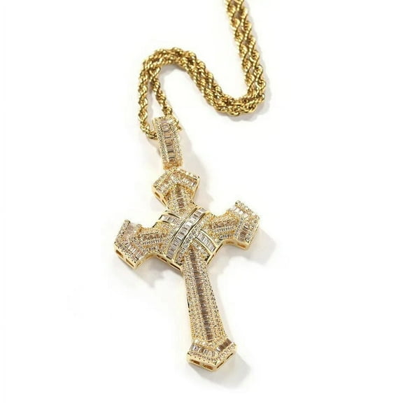 14K Gold over Finish Simulated Diamond Iced Out Holy Jesus Christ Cross Religious Charm Pendant Necklace