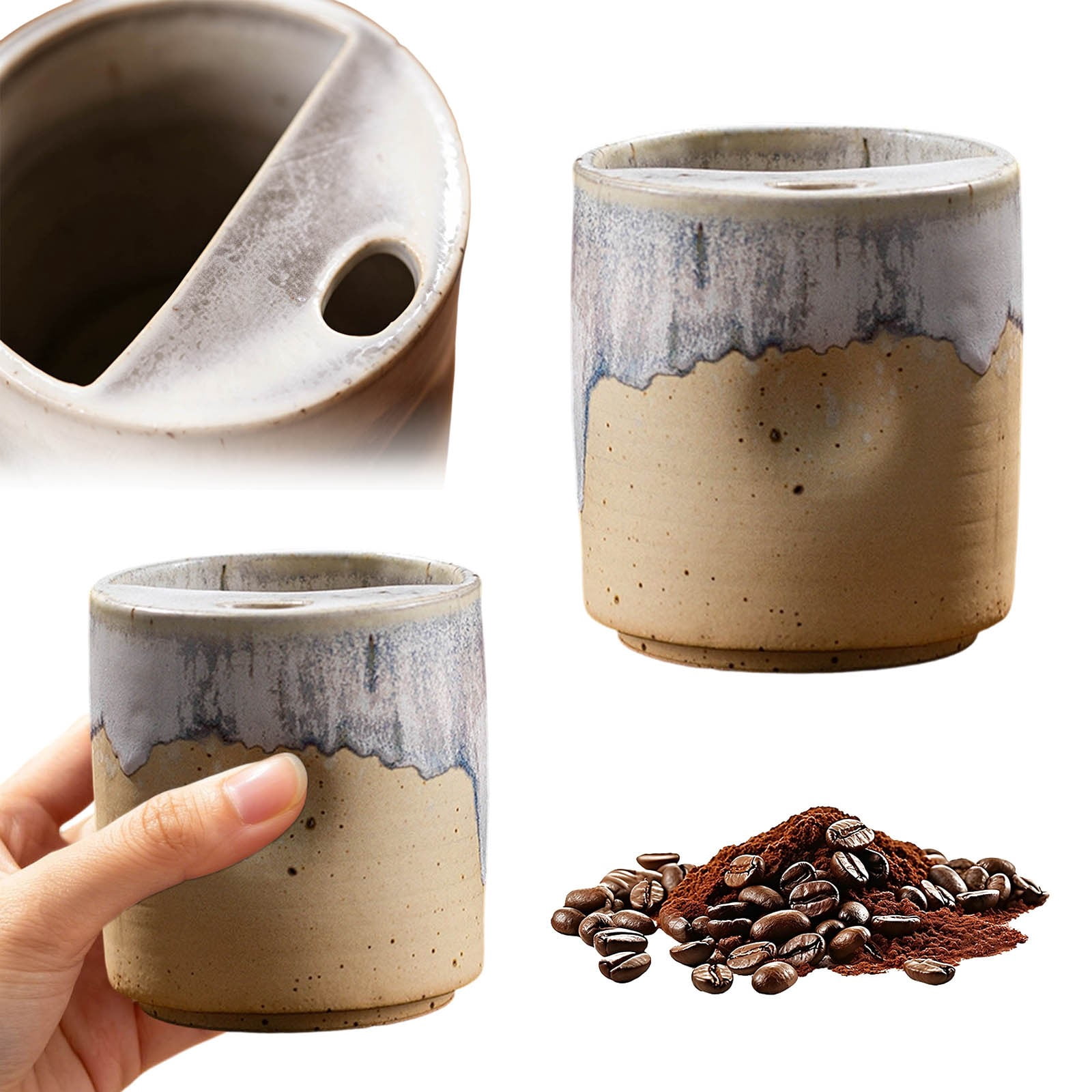 QIUXUJ-1pc Retro Ceramic Espresso Cup with Straw, Vintage Style Thick Wall Porcelain Coffee Mug, Small Demitasse Cup for Home Kitchen Cafe Daily Coffee Drinking (Beige)
