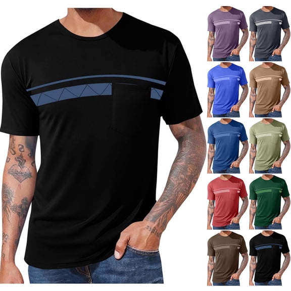 Kojanyu Men's Short Sleeve Crew Neck T-Shirt Casual Color Block Stripe Pocket Tee Stretch Moisture Wicking Everyday Top Plus Size M-4XL