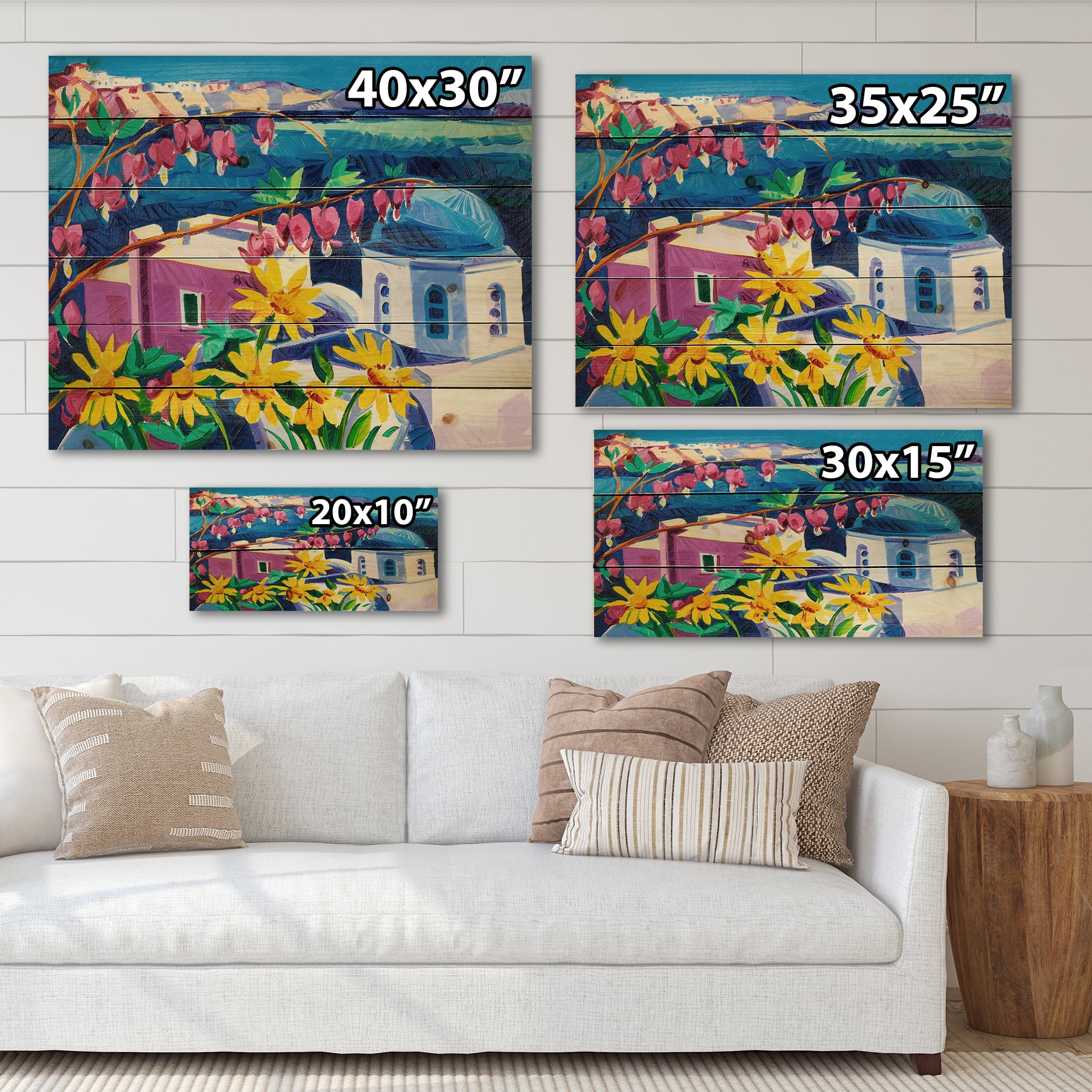 Designart 'Colorful Traditional Santorini Churches Among Flowers' Nautical & Coastal Print on Natural Pine Wood