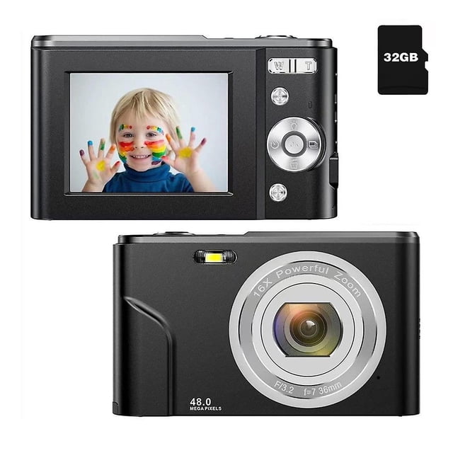 Digital camera with 48 MP, HD 1080p and 16x Zoom with 32GB card Black