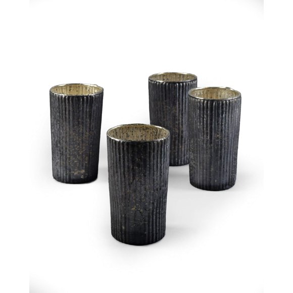 Serene Spaces Living Tall Platinum Ribbed Votive Holder, Frosted Mercury Glass Finish, Set of 4, Measures 5" Tall and 2.75" Diameter