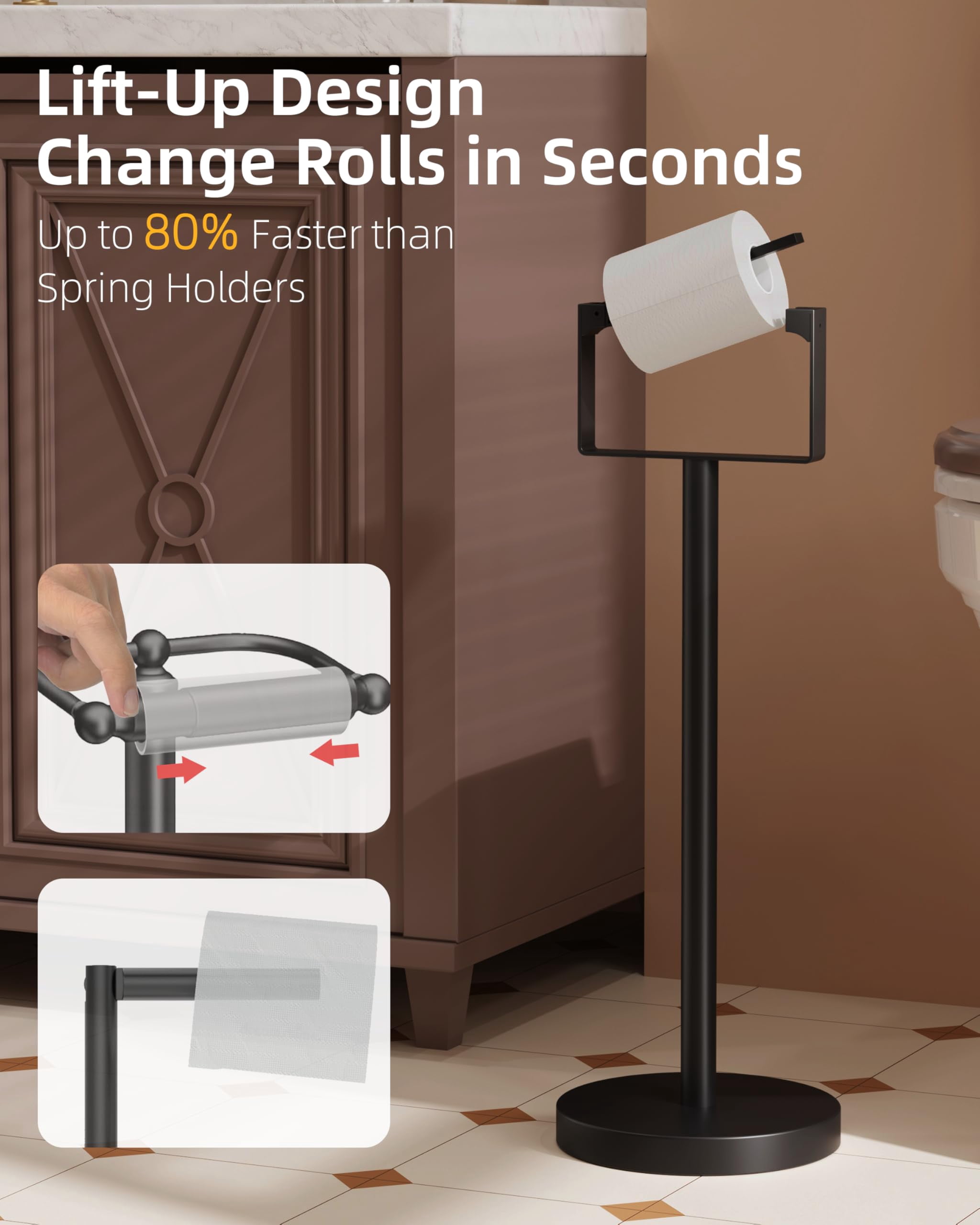 Toilet Paper Holder Stand, Magnetic Closure Toilet Paper Stand with Lift-Up Rotating Arm, SUS304 Stainless Steel Bathroom Toilet Paper Holder Free Standing, Weighted Base (Matte Black)
