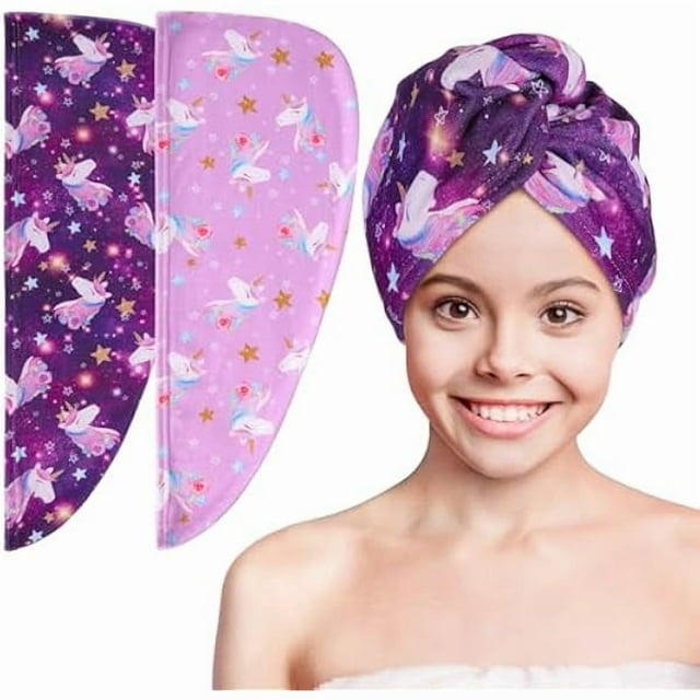 wonima11 Microfiber Hair Towel Wrap for Kids 2 Pack Rapid Drying Hair Towel with Button Hair Turbans for Wet Hair Wraps Head Towel Wrap for Women and Girls, Purple