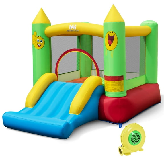 Infans Inflatable Bounce House with 480W Blower Slide Jumping Area & Basketball Hoop