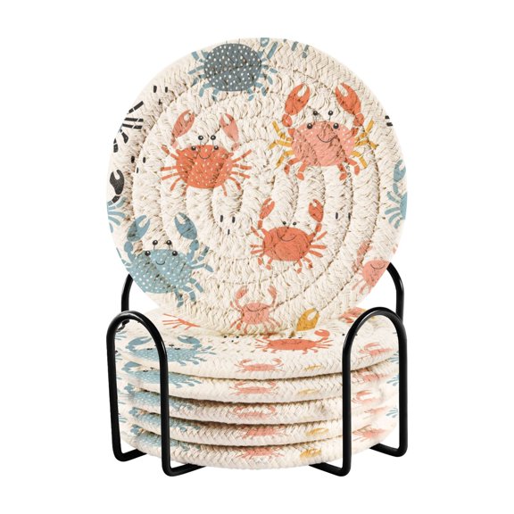 Crabs 6 Pcs Drink Coasters with Holder Absorbent Coasters Woven Coasters for Drinks Table Desk Protection Home Decor