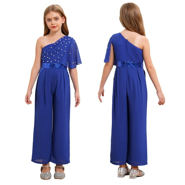 Linjinx Kids Girls Wide Leg Flared Rompers One Shoulder Ruffle Jumpsuit Wedding Pageant Gown Overalls Royal Blue 8