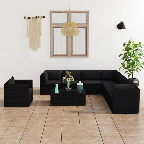 vidaXL Garden Lounge Set Black Powder-coated steel, PE rattan Large