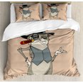 thumbnail image 1 of Cigar Duvet Cover Set King Size, Cartoon Style Illustration of a Funny Gentleman Cat Character in a Hat with a Monocle, 3 Piece Bedding Set with 2 Pillow Shams, Multicolor, by Ambesonne, 1 of 3