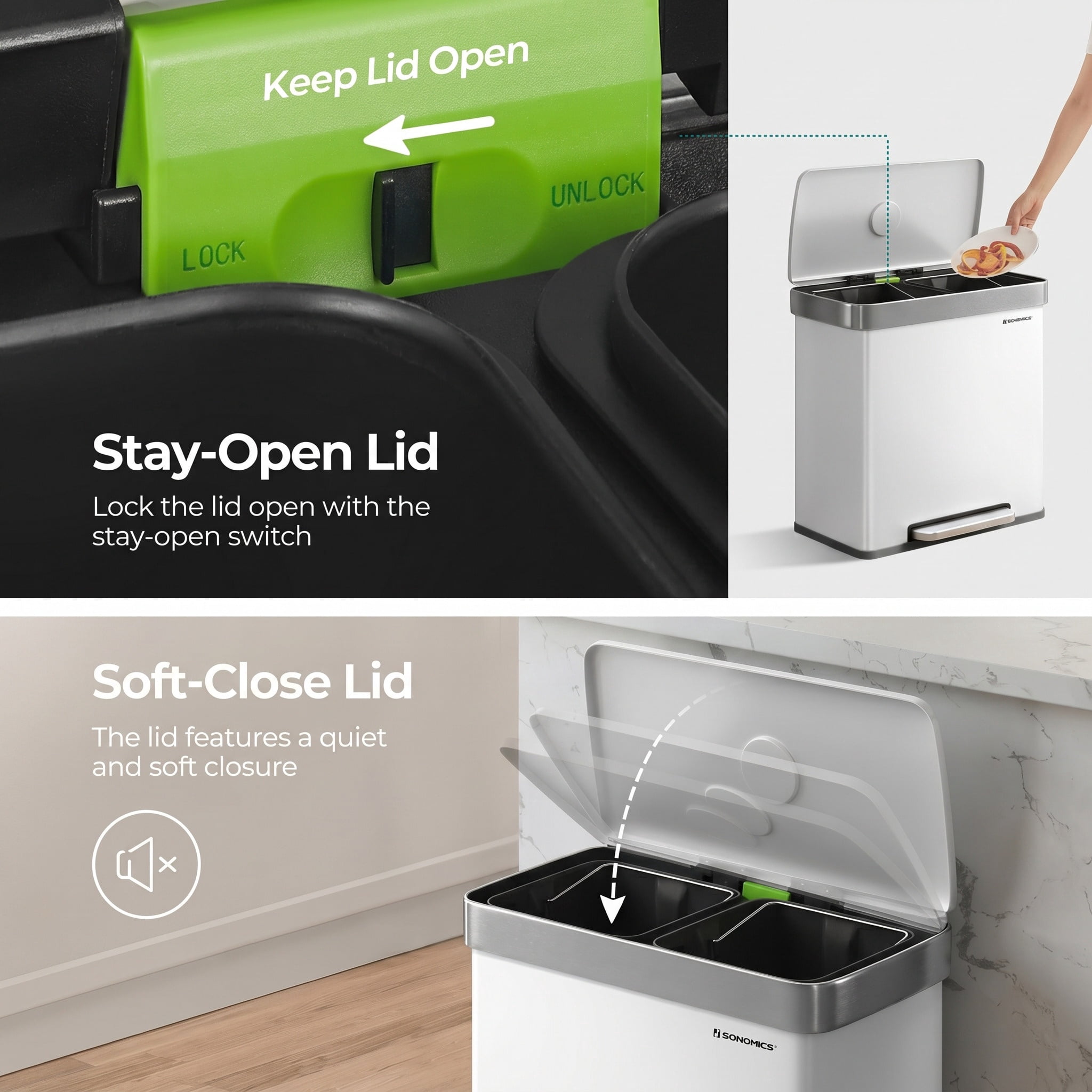 16 Gal. (2 x 8 Gal.) White Stainless Steel Dual Compartment Trash Can with Soft-Close Lid and Inner Buckets