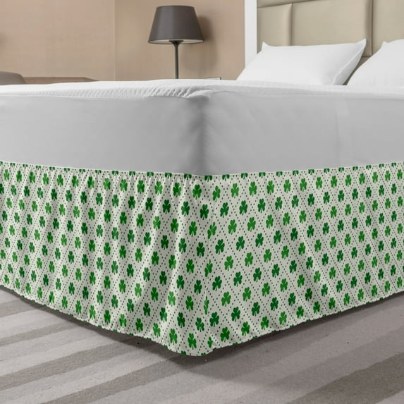 Irish Bed Skirt, 4 Leaf Shamrock Clover Flowers Dotted Dashed Lines National Culture, Elastic Bedskirt Dust Ruffle Wrap Around for Bedding Decor, 4 Sizes, Green White, by Ambesonne