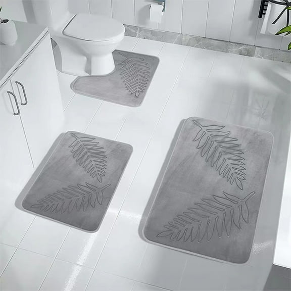 Lilgiuy Bathroom Rugs Sets 3 Piece Non Slip, Leaf Bath Mats for Bathroom Floor Set of 3, Ultra Soft and Quick Dry Bath Rugs, Machine Washable Rugs for Bathtub, Shower, Gray