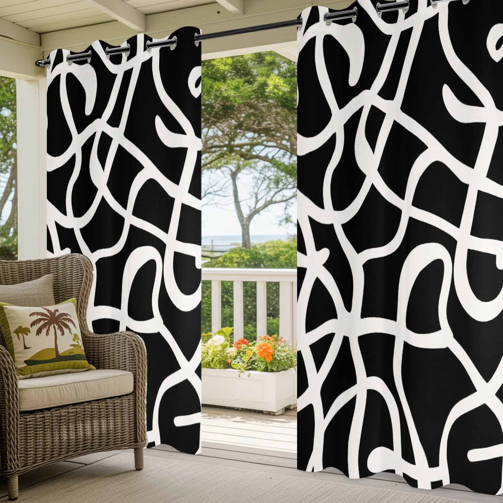 Abstract Line Outdoor Curtains for Patio, Retro White Wave Line Art Black Minimalist Sunshade Privacy Drapes Grommet Waterproof Outside Curtains for Porch/Cabana/Balcony 54"x 108", 1 Panel