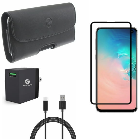 Galaxy S10e Case Belt Clip w Screen Protector w Quick Home Charger - Leather Holster Cover, Tempered Glass 5D Curved Edge, 18W 6ft USB Cable Power for Samsung Galaxy S10e Phone