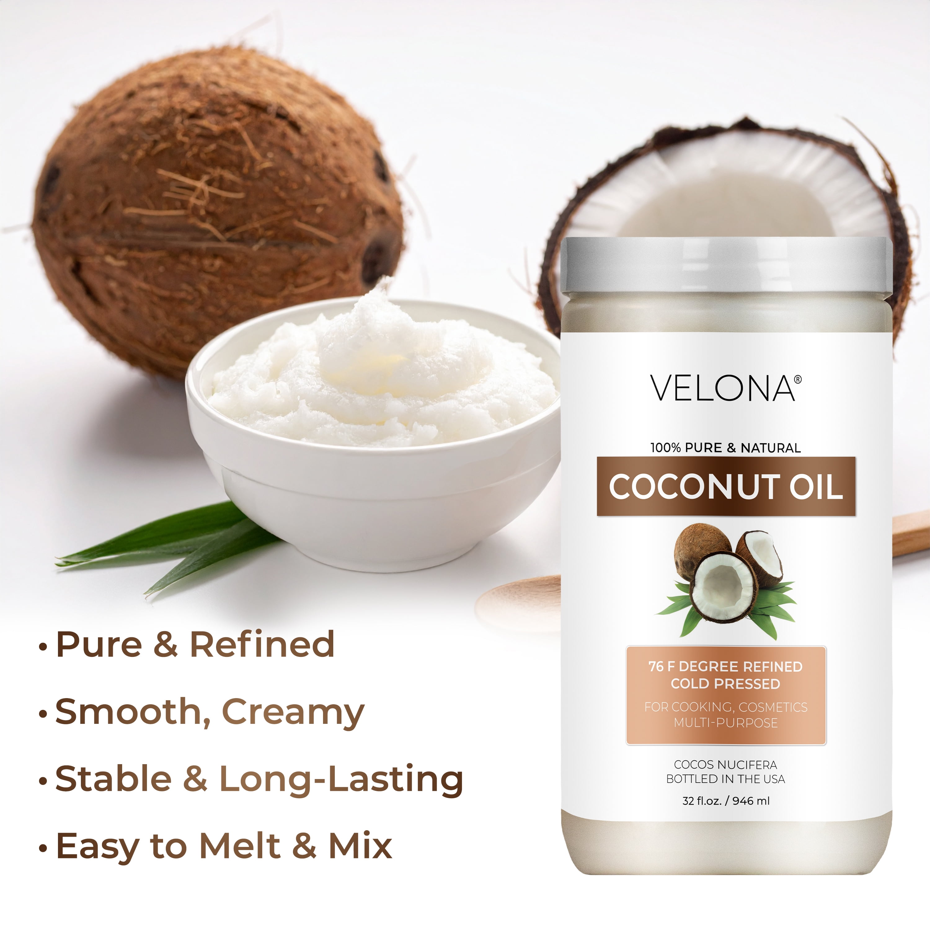 Coconut Oil 76 Degree by Velona - 32 Fl Oz | 100% Pure and Natural Carrier Oil | in jar | Refined, Cold pressed | Skin, Face, Body, Hair Care | Use Today - Enjoy Results