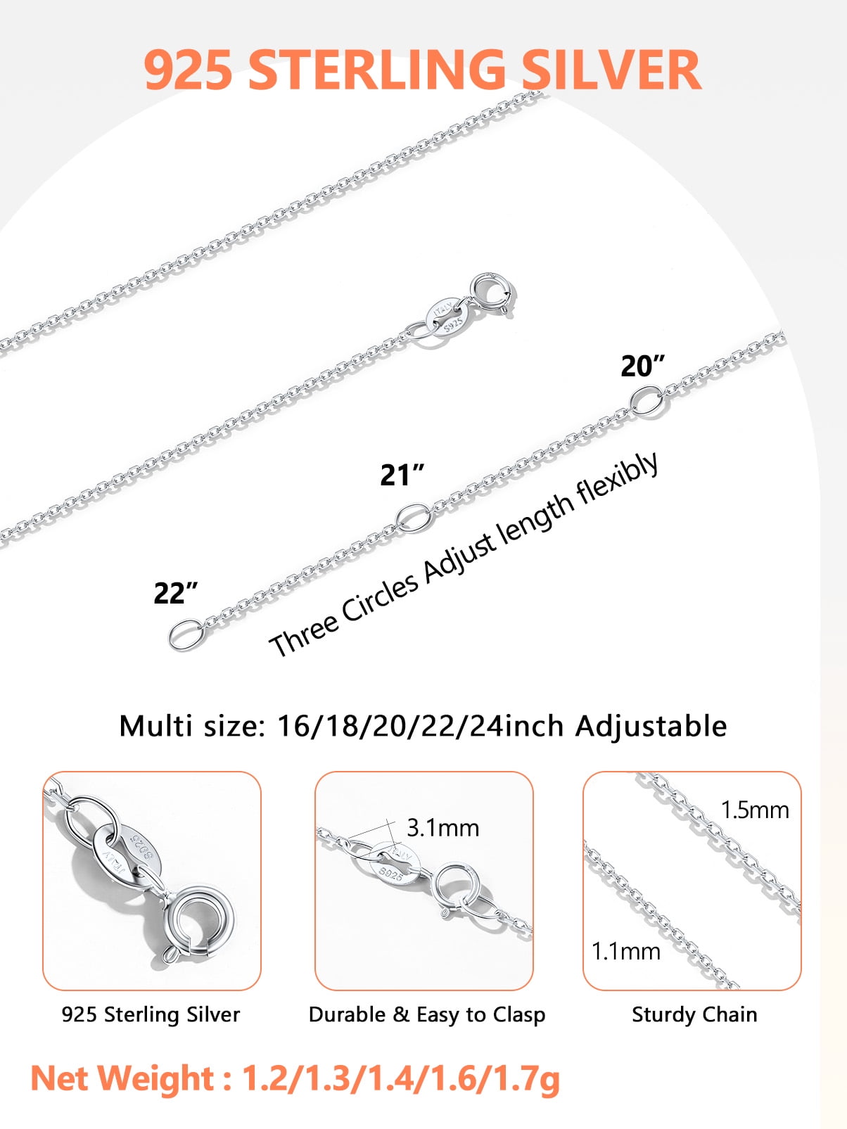 Silvora 925 Sterling Silver Chain Necklaces for Women, 1.1mm Thin Silver Chain for Adding Pendant 16/18/20/22/24 Inch