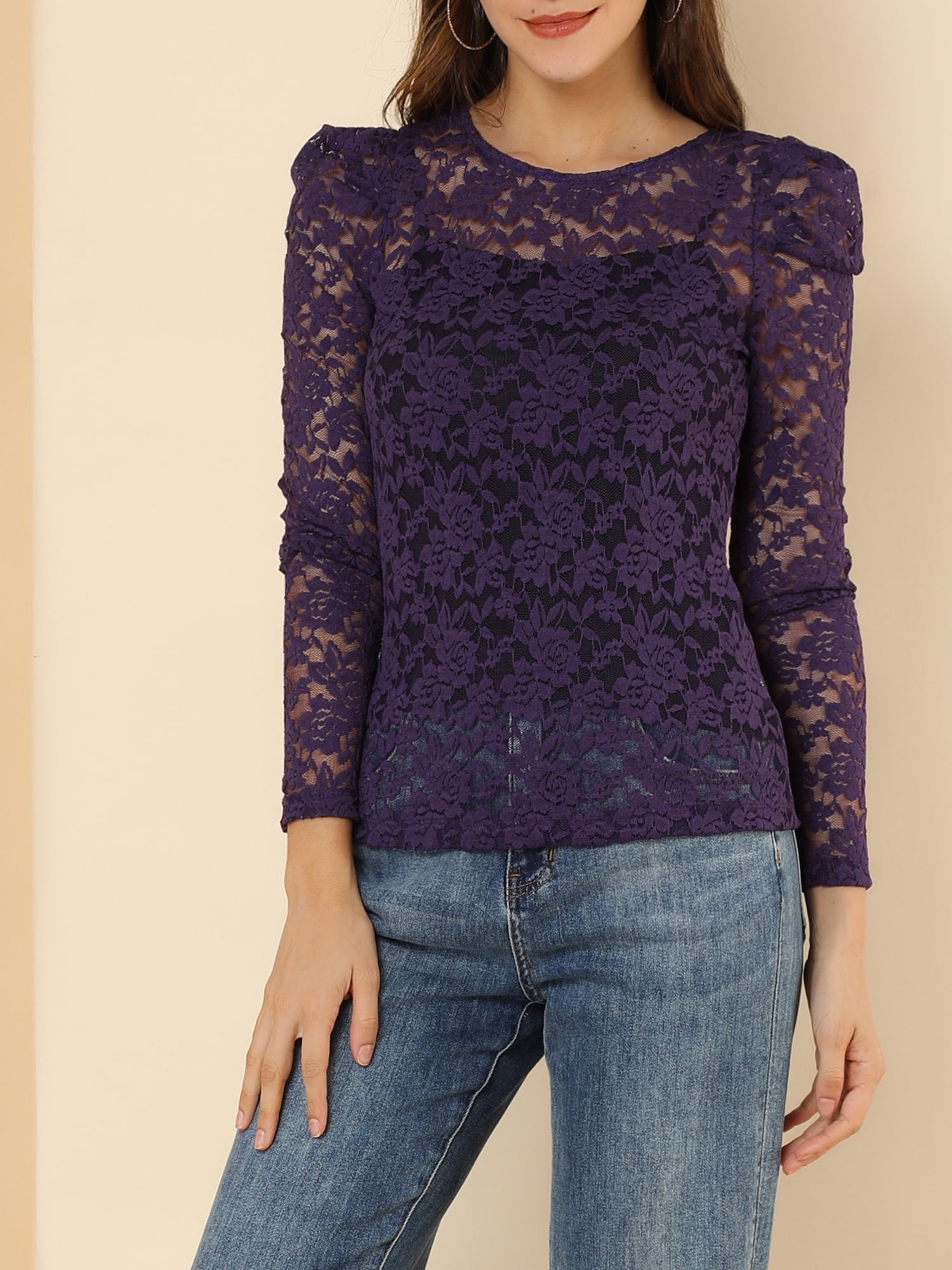 DARING DIVA Semi Sheer Puff Sleeve Vintage Top XL Purple