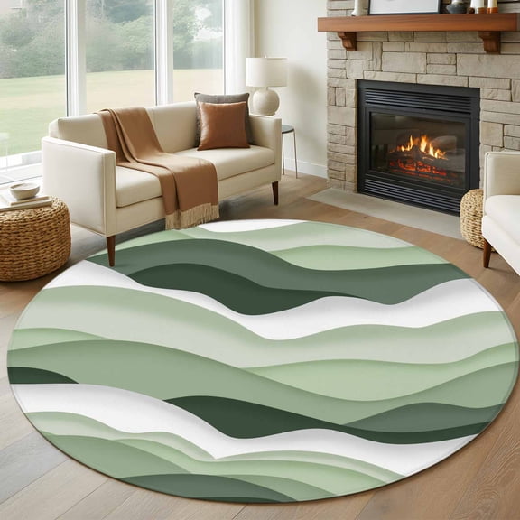 8ft Round Rug, Sage Green Ombre Non-Skid Rubber Backing Large Area Rugs - Living Room Bedroom Home Office, Modern Moire Geometric Abstract Indoor Floor Mat Carpets Washable Rug