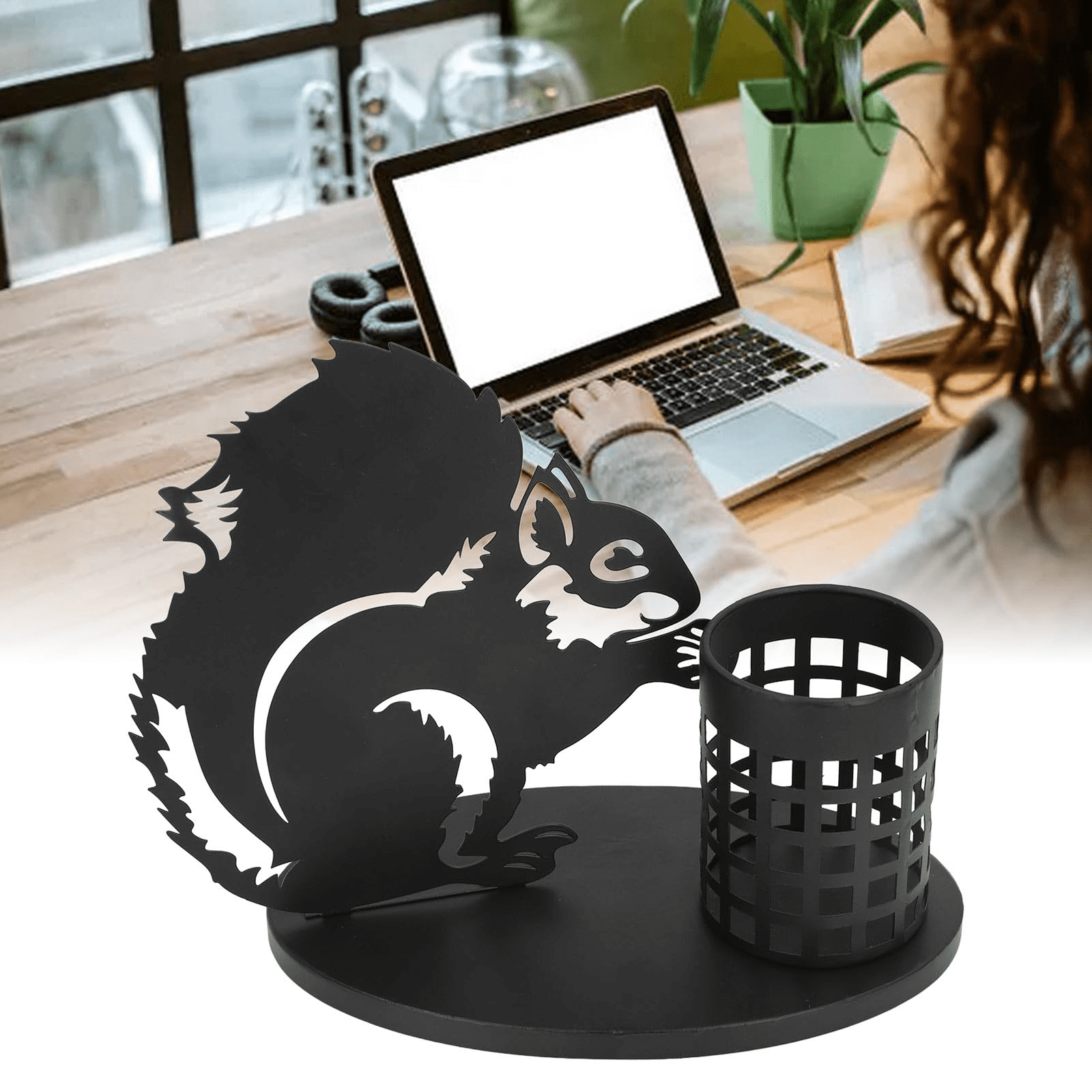 Modern Black Metal Desk Accessories Squirrel Stationery Organizer and Vase for Pencils Markers and Brushes Unique Aesthetic Tabletop Storage with Easy Assembly