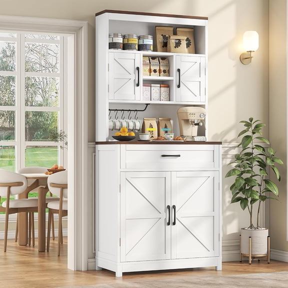 Casendy Farmhouse Kitchen Pantry Cabinet, 69.3" Tall Storage Cabinet with 4 Barn Doors, Drawer & Open Shelves, Coffee Bar Station for Dining Room, White