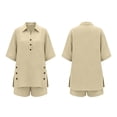 thumbnail image 4 of Cagogo Women Plus Size 2 Piece Shorts Set Casual Summer Cruise Outfits Loose Collared Short Sleeve Shirt Comfy Pants Matching Lounge Tracksuits Travel Airport Outfit Clothes, Khaki 2XL, 4 of 7