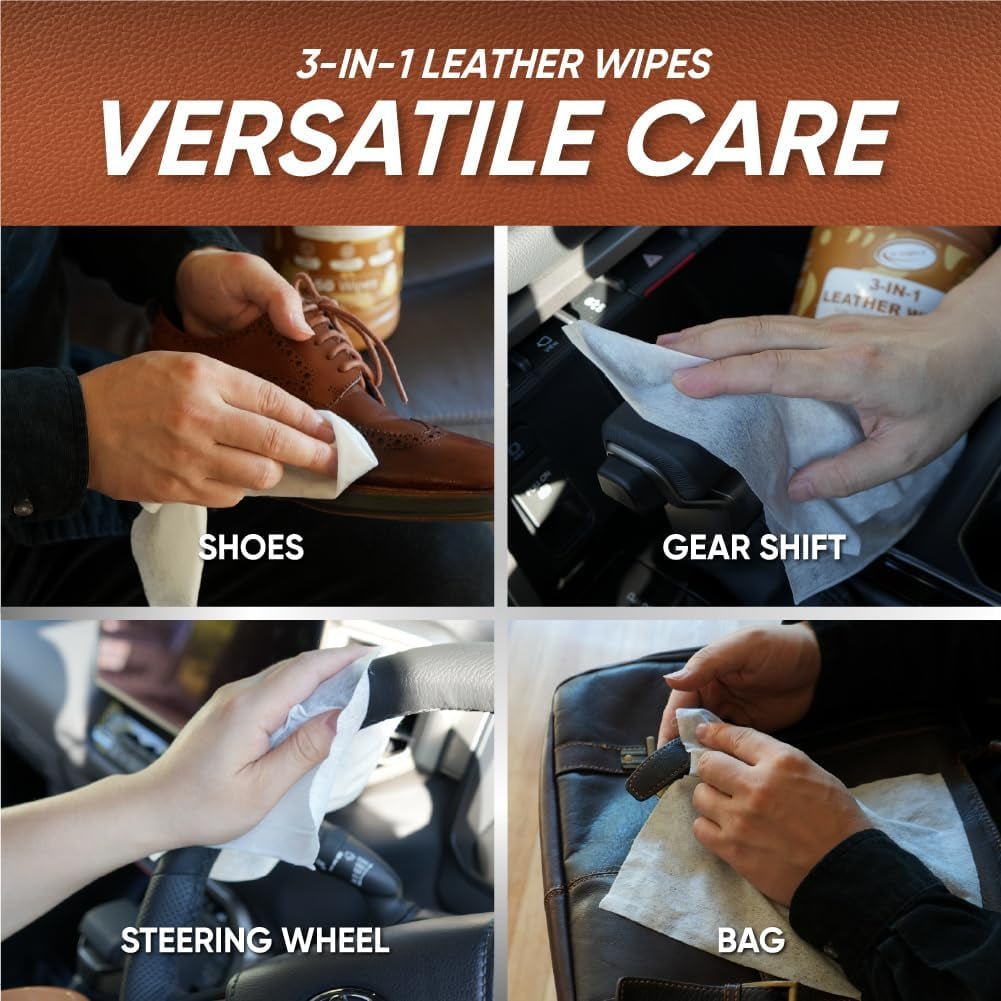 Air Jungles 3in1 Leather Wipes 50 Count (Pack of 2), Extra Large 8 x 10 inch, Clean Condition Protection for Car Interior, Furniture, Couch, Boots, Bags, Formulated with Wax and Silicon