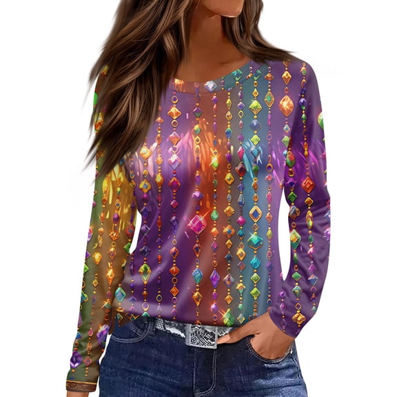 Mardi Gras Shirts Womens Glitter Carnival Crew Neck Blouse Sequins Long Sleeve Gold Graphic Tee Multicolor 3XL