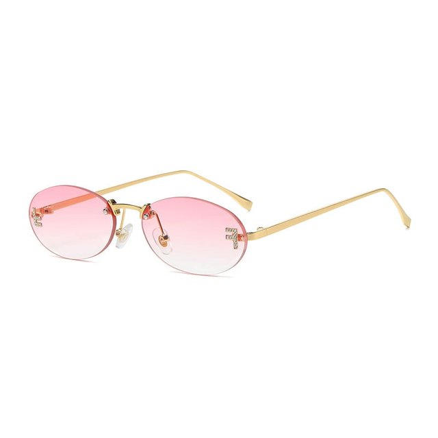 Elegantes gafas de sol ovaladas con incrustaciones de diamantes para hombre y gafas de sol sin montura con la letra "F" para mujer