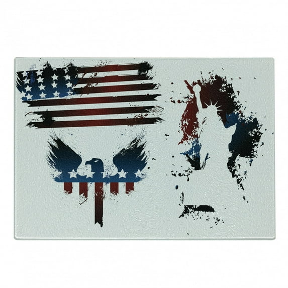 American Flag Cutting Board, Set Bald Eagle and Stripes Stars of Liberty Grunge Retro, Decorative Tempered Glass Cutting and Serving Board, Small Size, Navy Maroon, by Ambesonne